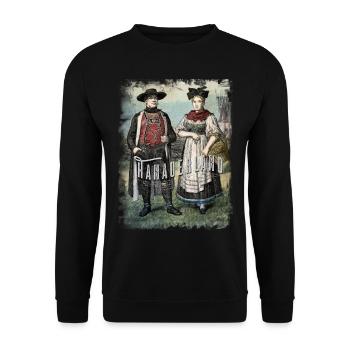 Hanauerland Tracht, Orte, Retro - Unisex Pullover - Schwarz - Vorne - Alina (178cm) & Michal (187cm)