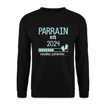 Parrain en 2024 Cadeau Annonce de grossesse humour - Sweat-shirt Unisexe - noir - Devant - Alina (178cm) & Michal (187cm)