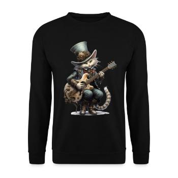 Gitarre spielende Katze Steampunk - Unisex Pullover - Schwarz - Vorne - Alina (178cm) & Michal (187cm)