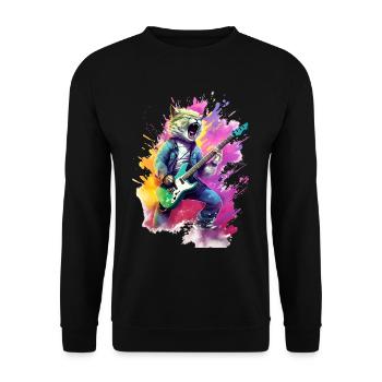 Bass spielende Katze - Unisex Pullover - Schwarz - Vorne - Alina (178cm) & Michal (187cm)