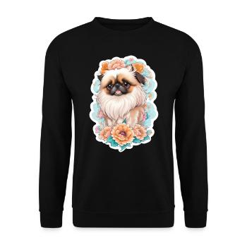 Pekingese dog with flower wreath motif - Unisex Sweatshirt - black - Front - Alina (178cm) & Michal (187cm)