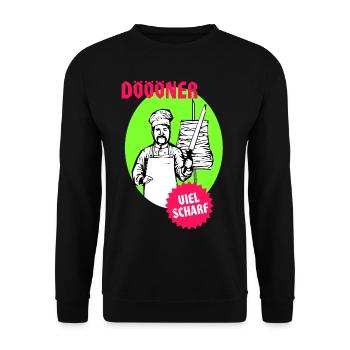 Döner Kebap mit viel Scharf Retro Trash Design - Unisex Pullover - Schwarz - Vorne - Alina (178cm) & Michal (187cm)