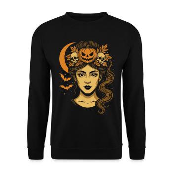 Halloween Frau mit Kürbis Krone und Mond - Unisex Pullover - Schwarz - Vorne - Alina (178cm) & Michal (187cm)