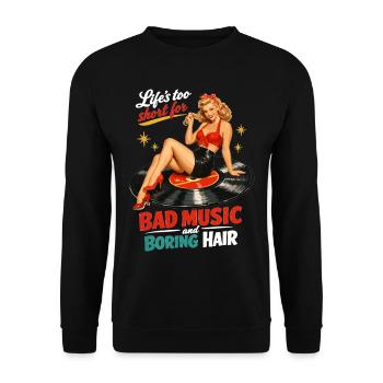 Pin-Up rétro sur disque vinyle : vinyle & rockabilly - Sweat-shirt Unisexe - noir - Devant - Alina (178cm) & Michal (187cm)