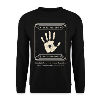Zertifiziert menschlich — Tippfehler inklusive - Unisex Pullover - Schwarz - Vorne - Alina (178cm) & Michal (187cm)