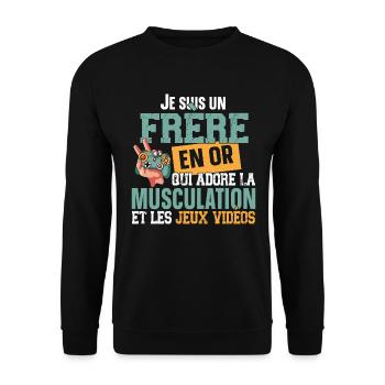 Frère Musculation Jeux Vidéos Frérot Cadeau Humour - Sweat-shirt Unisexe - noir - Devant - Alina (178cm) & Michal (187cm)