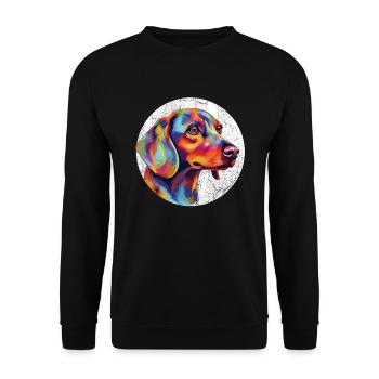 Cooler und bunter Dackel für Hundefreunde - Unisex Pullover - Schwarz - Vorne - Alina (178cm) & Michal (187cm)