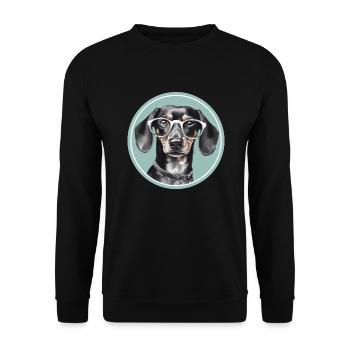 Süßer Dackel Hund mit Brille für Dackel-Fan - Unisex Pullover - Schwarz - Vorne - Alina (178cm) & Michal (187cm)