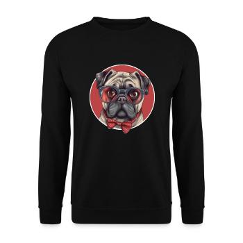Lustiger Mops Hund mit Brille und Fliege - Unisex Pullover - Schwarz - Vorne - Alina (178cm) & Michal (187cm)