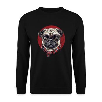 Lustiger Mops Hund mit Brille und Halstuch - Unisex Pullover - Schwarz - Vorne - Alina (178cm) & Michal (187cm)