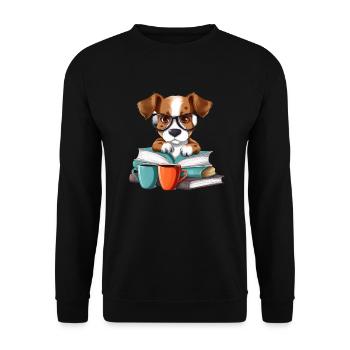 Lustiger Hund mit Brille, Büchern und Kaffee-Tasse - Unisex Pullover - Schwarz - Vorne - Alina (178cm) & Michal (187cm)