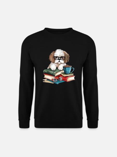Süßer Hund mit Büchern Brille und Kaffee-Tassen - Unisex Pullover - Schwarz