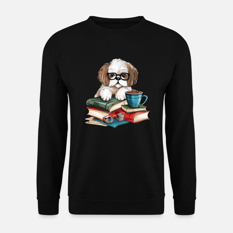 Süßer Hund mit Büchern Brille und Kaffee-Tassen - Unisex Pullover - Schwarz
