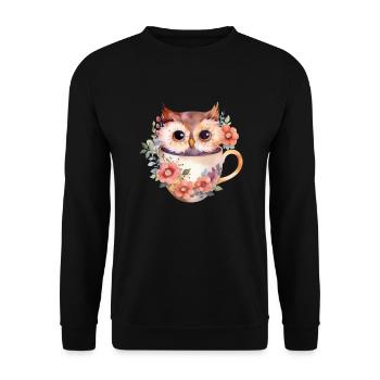 Un joli hibou assis dans une tasse de fleurs - Sweat-shirt Unisexe - noir - Devant - Alina (178cm) & Michal (187cm)
