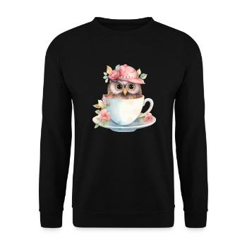 Hibou mignon avec chapeau et fleurs dans une tasse - Sweat-shirt Unisexe - noir - Devant - Alina (178cm) & Michal (187cm)