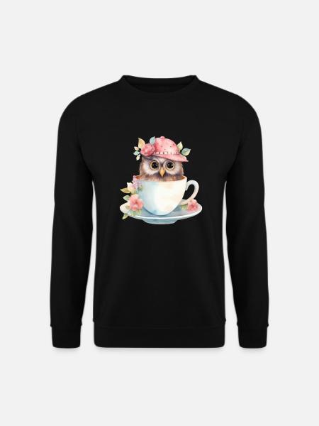 Hibou mignon avec chapeau et fleurs dans une tasse - Sweat-shirt Unisexe - noir
