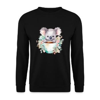 Niedlicher Koala mit Blumen in einer Tasse - Unisex Pullover - Schwarz - Vorne - Alina (178cm) & Michal (187cm)