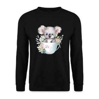 Lächelnder Koala mit Blumen in Tasse - Unisex Pullover - Schwarz - Vorne - Alina (178cm) & Michal (187cm)