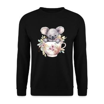 Niedlicher Koala mit Blumen in Tasse - Unisex Pullover - Schwarz - Vorne - Alina (178cm) & Michal (187cm)