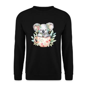 Süßer Koala mit Blumen in einer Tasse - Unisex Pullover - Schwarz - Vorne - Alina (178cm) & Michal (187cm)