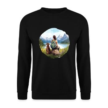 Frau mit Hund Wandern Outdoor Berge See - Unisex Pullover - Schwarz - Vorne - Alina (178cm) & Michal (187cm)