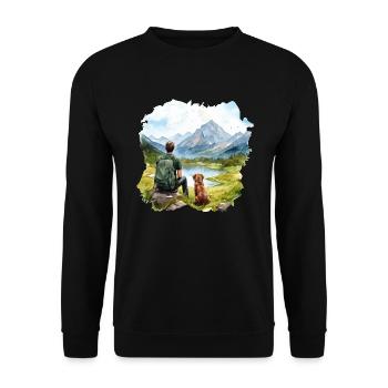 Man with Dog Hiking Outdoor Mountains Lake - Unisex Sweatshirt - black - Front - Alina (178cm) & Michal (187cm)