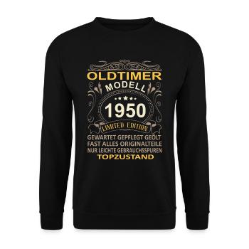 70. Geburtstag Oldtimer Jahrgang 1950 - Unisex Pullover - Schwarz - Vorne - Alina (178cm) & Michal (187cm)