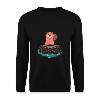 Cooler Biber auf Biberdamm aus Holz Geschenk - Unisex Pullover - Schwarz - Vorne - Alina (178cm) & Michal (187cm)