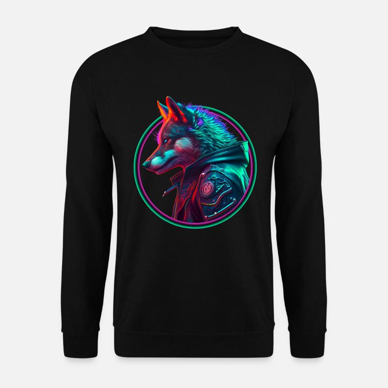 Neon Punk Wolf in Lederjacke - Unisex Pullover - Schwarz