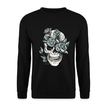 Totenkopf Schädel Skull mit Blumen Geschenkidee - Unisex Pullover - Schwarz - Vorne - Alina (178cm) & Michal (187cm)