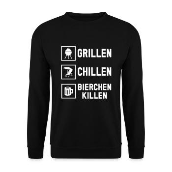 Grillen Chillen Bierchen Killen Bier BBQ Grill - Unisex Pullover - Schwarz - Vorne - Alina (178cm) & Michal (187cm)