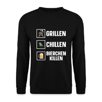 Grillen Chillen Bierchen Killen Bier BBQ Grill - Unisex Pullover - Schwarz - Vorne - Alina (178cm) & Michal (187cm)