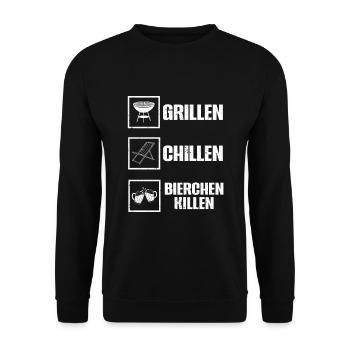 Grillen Chillen Bierchen Killen Bier BBQ Grill - Unisex Pullover - Schwarz - Vorne - Alina (178cm) & Michal (187cm)