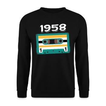 Kassette 1958 Jahrgang Jubiläum 1958 - Unisex Pullover - Schwarz - Vorne - Alina (178cm) & Michal (187cm)
