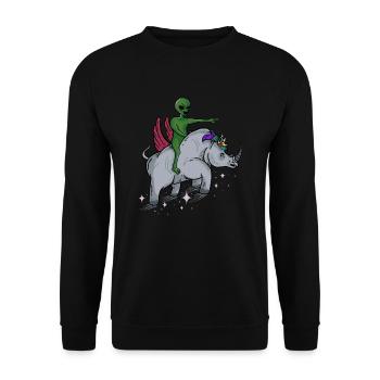Ausländer, der fliegendes Nashorn - lustiges niedliches Nashorn reitet - Unisex Pullover - Schwarz - Vorne - Alina (178cm) & Michal (187cm)