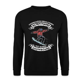 Unterschätze nie einen alten Mann mit Snowboard - Unisex Pullover - Schwarz - Vorne - Alina (178cm) & Michal (187cm)