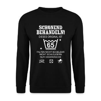 Schonend Behandeln Geschenk zum 65. Geburtstag - Unisex Pullover - Schwarz - Vorne - Alina (178cm) & Michal (187cm)