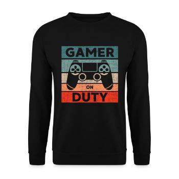 Gamer on Duty Gaming Geschenk - Unisex Pullover - Schwarz - Vorne - Alina (178cm) & Michal (187cm)