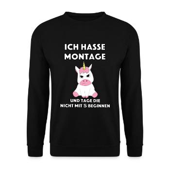 Einhorn Unicorn Ich hasse Montag I hate Mondays - Unisex Pullover - Schwarz - Vorne - Alina (178cm) & Michal (187cm)