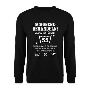 Schonend Behandeln Geschenk zum 55. Geburtstag - Unisex Pullover - Schwarz - Vorne - Alina (178cm) & Michal (187cm)