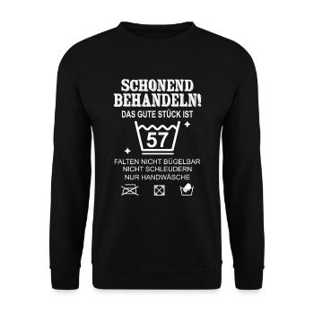 Schonend Behandeln Geschenk zum 57. Geburtstag - Unisex Pullover - Schwarz - Vorne - Alina (178cm) & Michal (187cm)