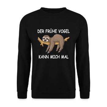Faultier Spruchshirt DER FRÜHE VOGEL KANN MICH MAL - Unisex Pullover - Schwarz - Vorne - Alina (178cm) & Michal (187cm)