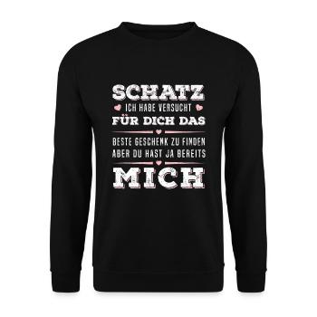 Geschenk zu finden aber du hast ja bereits mich - Unisex Pullover - Schwarz - Vorne - Alina (178cm) & Michal (187cm)