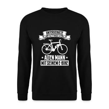 Fahrrad Alter Mann mit E-Bike Geschenkidee - Unisex Pullover - Schwarz - Vorne - Alina (178cm) & Michal (187cm)