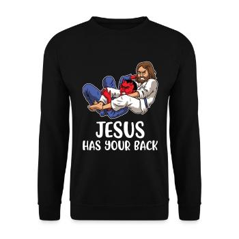 Jesus Has Your Back BJJ Jiu Jitsu Geschenk - Unisex Pullover - Schwarz - Vorne - Alina (178cm) & Michal (187cm)