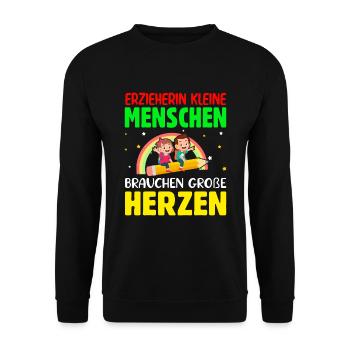 Erzieherin kleine Menschen brauchen große Herzen - Unisex Pullover - Schwarz - Vorne - Alina (178cm) & Michal (187cm)