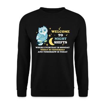 Bienvenue à Night Shifts Owl Gift - Sweat-shirt Unisexe - noir - Devant - Alina (178cm) & Michal (187cm)