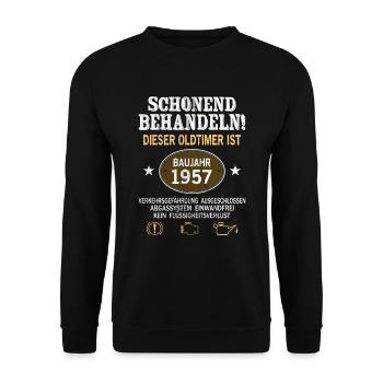 Schonend Behandeln Oldtimer Baujahr 1957 Geboren - Unisex Pullover - Schwarz - Vorne - Alina (178cm) & Michal (187cm)