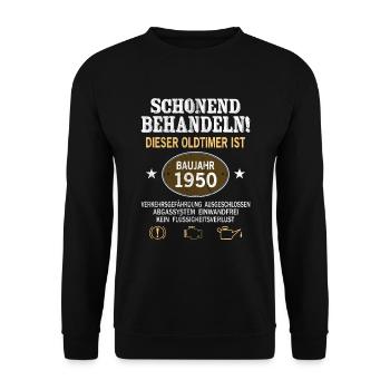 Schonend Behandeln Oldtimer Baujahr 1950 Geboren - Unisex Pullover - Schwarz - Vorne - Alina (178cm) & Michal (187cm)