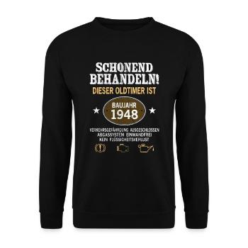 Schonend Behandeln Oldtimer Baujahr 1948 Geboren - Unisex Pullover - Schwarz - Vorne - Alina (178cm) & Michal (187cm)